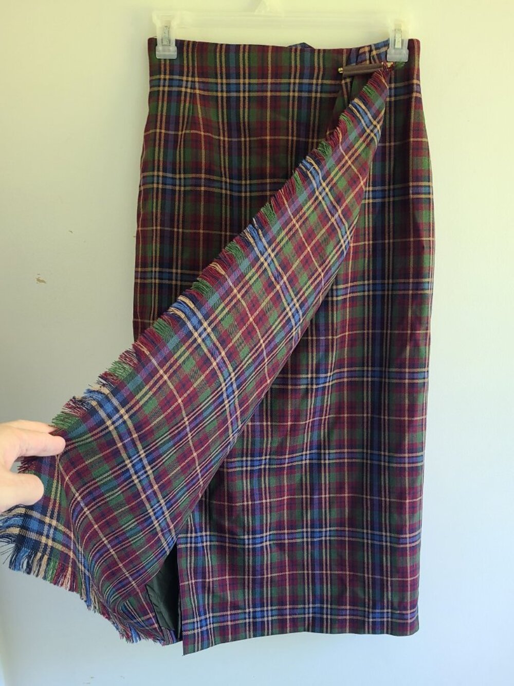 Vintage Faux Wrap Skirt 10 Wst 27.5" Brown Green Plaid 100% Wool Midi FLAWS - Picture 3 of 14